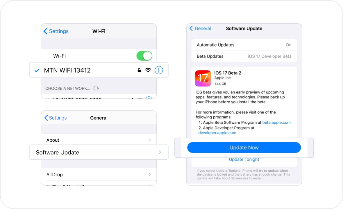 Connect your iPhone/iPad to your computer using Wifi to update to iOS 17