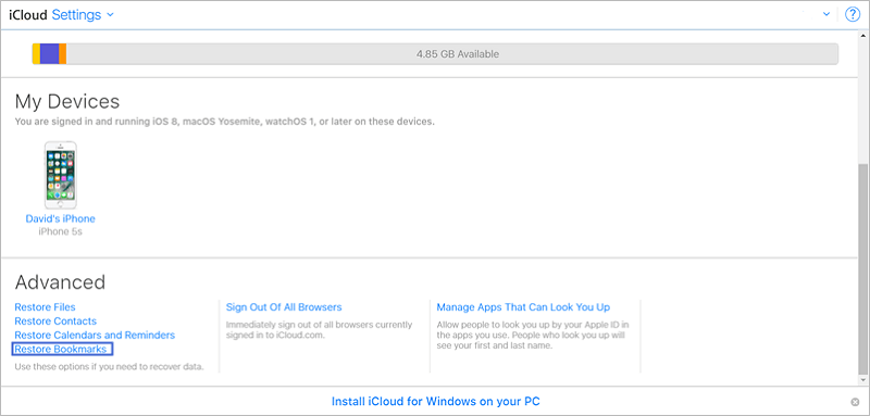 restore bookmarks from iCloud.com