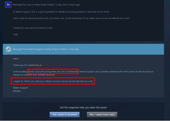 steam account cannot be transferred via a will