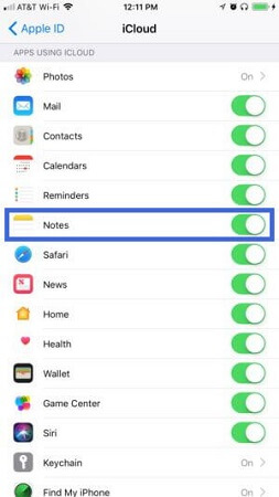 turn iCloud notes on and off