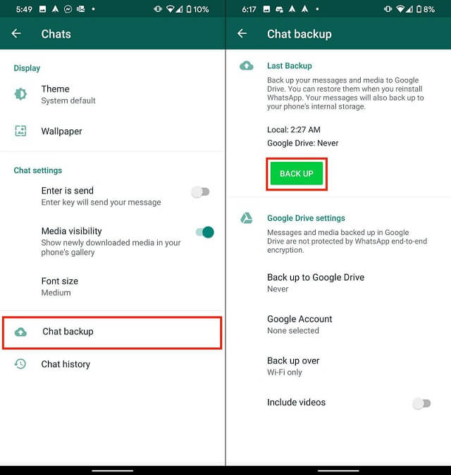 backup whatsapp chats android