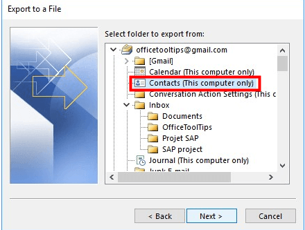 choose outlook contacts folder