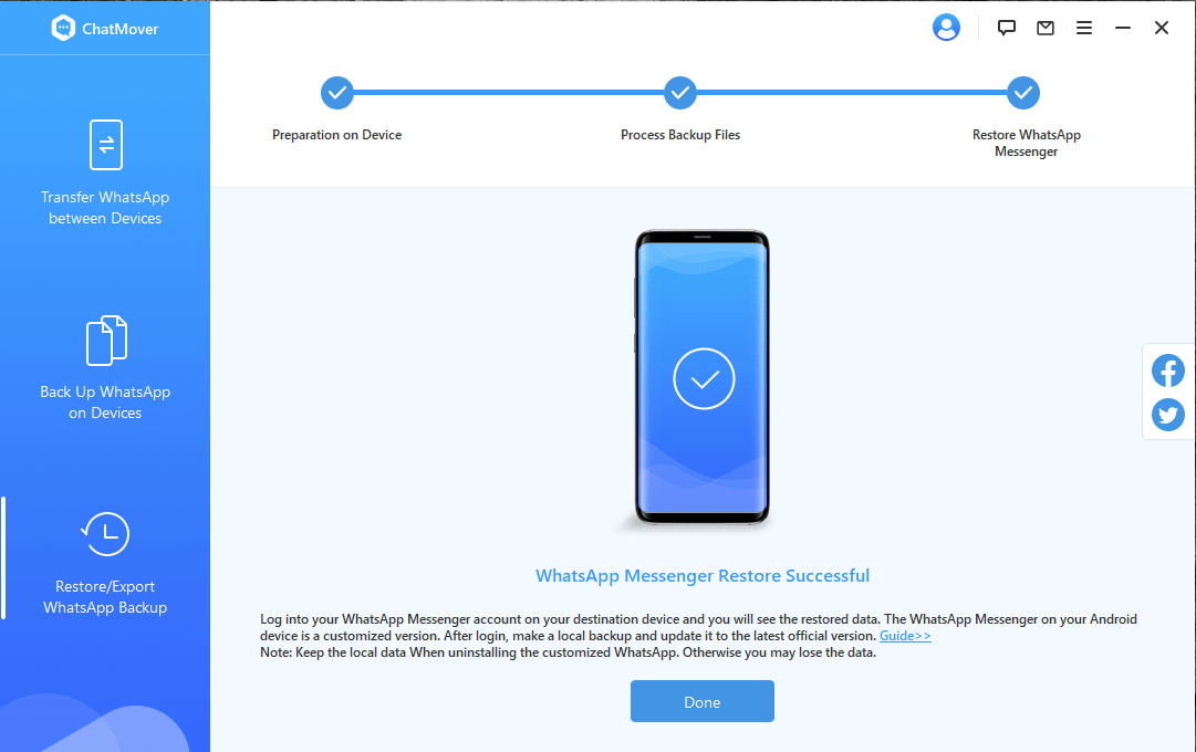 successfully restored whatsapp with chatmover