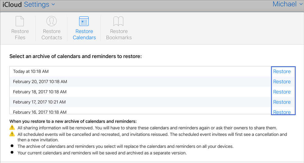 restore reminder files on iCloud.com