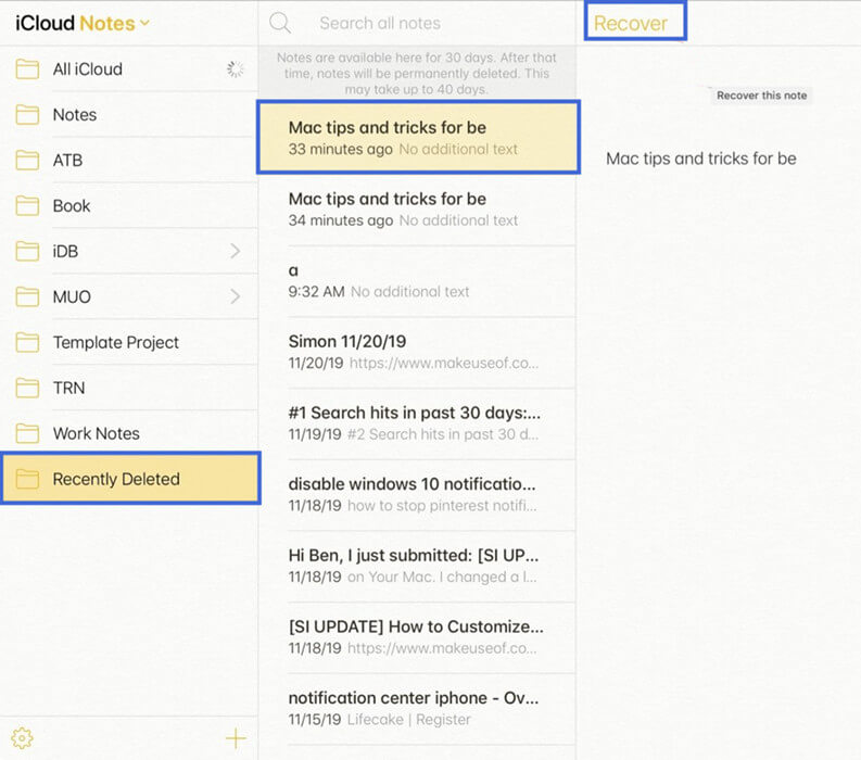 recover deleted notes from iCloud.com