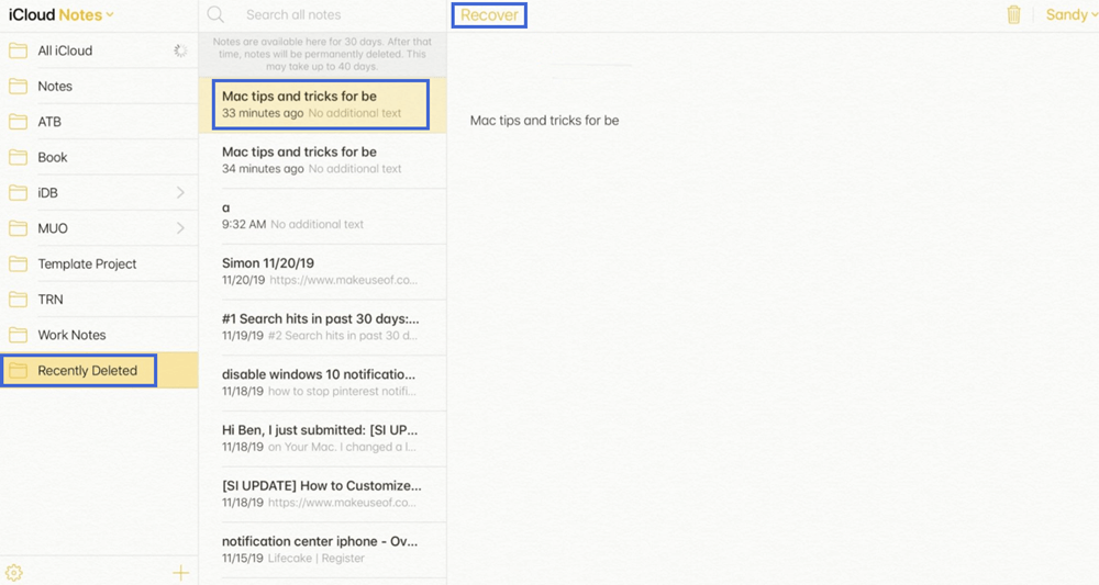 recover recently deleted notes from iCloud.com