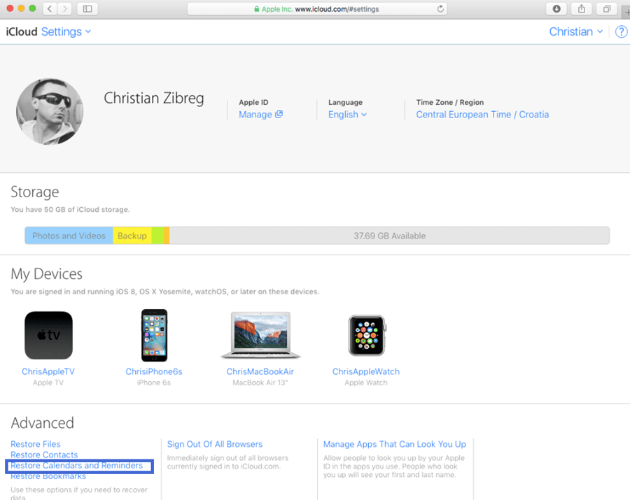 restore calendar and reminders on iCloud.com