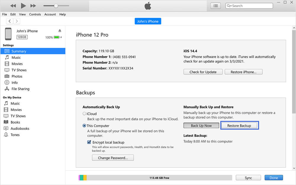 restore data from iTunes backup