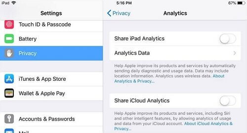 Stop Sharing iPad Analytics for ipad battery drains fast