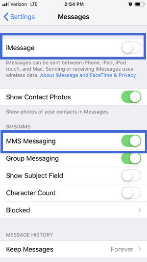 turn iMessage and MMS Messaging on and off