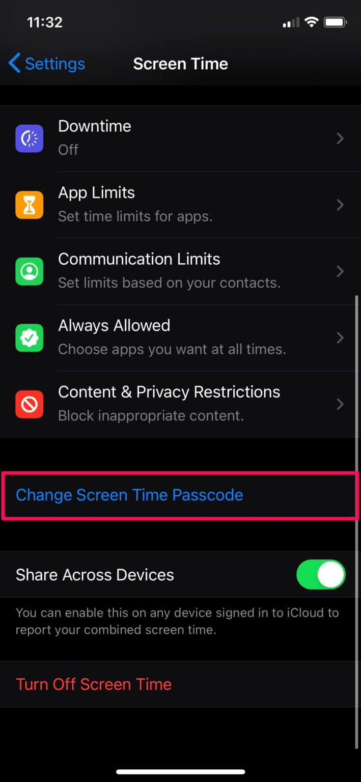 change screen time passcode