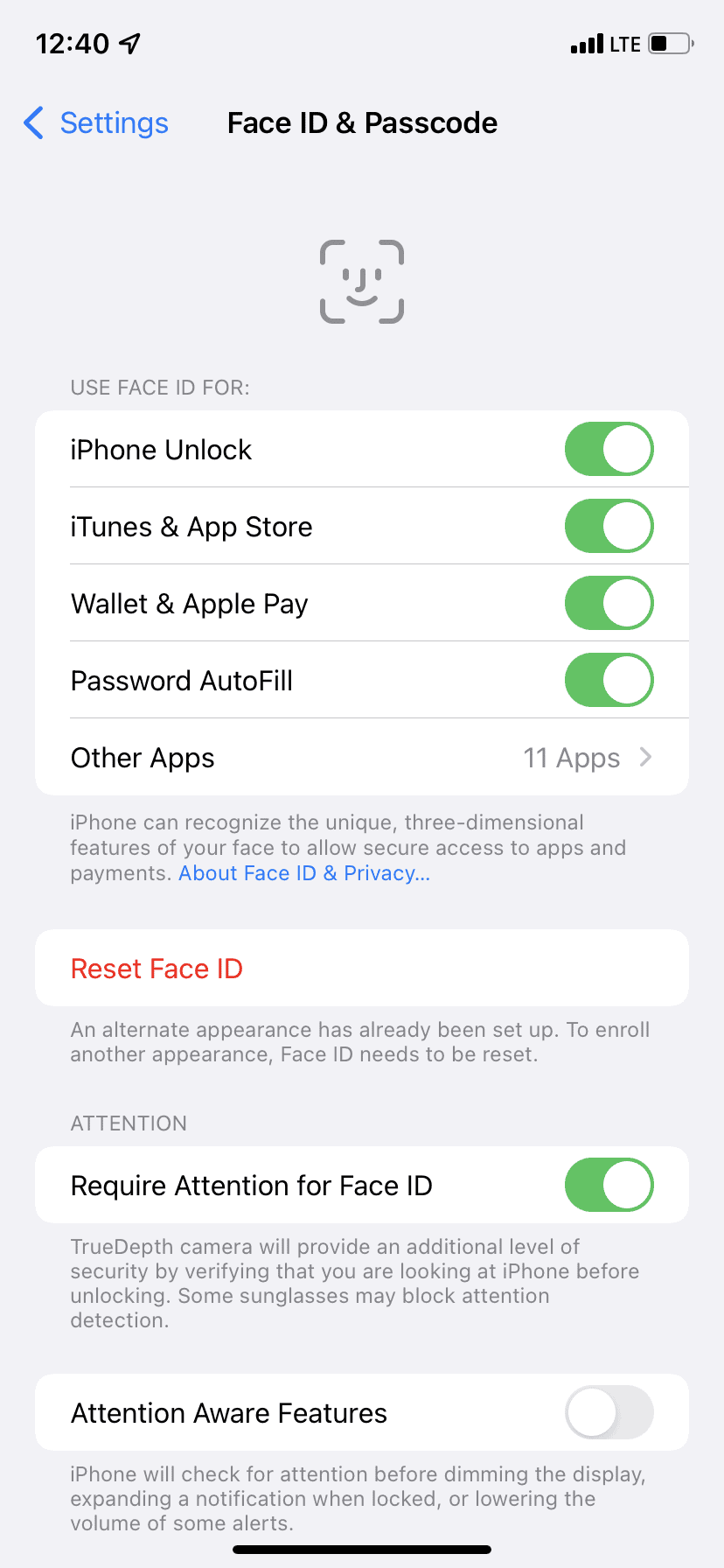 check the face id settings