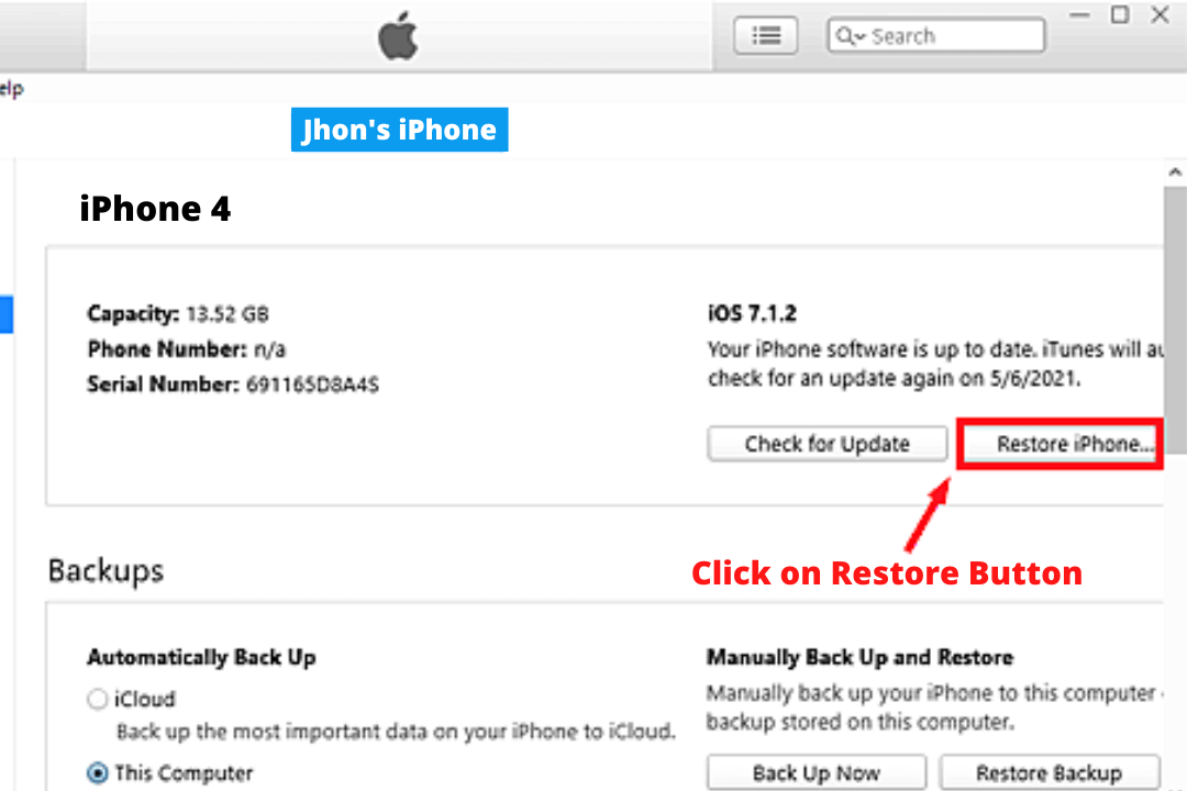 click on restore iphone