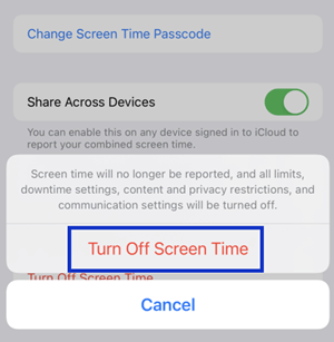 confirm to turn off screen time passcode