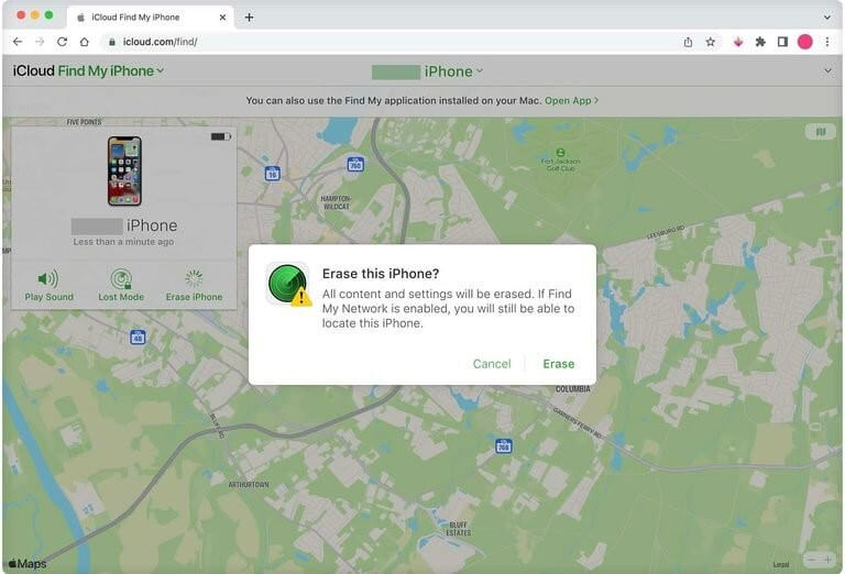 erase your iphone in find my via iCloud