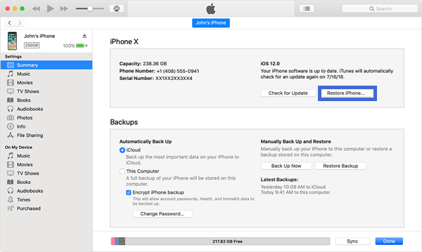 reset iPhone through iTunes