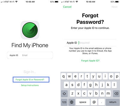reset password with Find My iPhone app