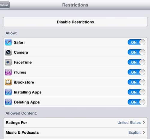 how to turn off restrictions on iPad