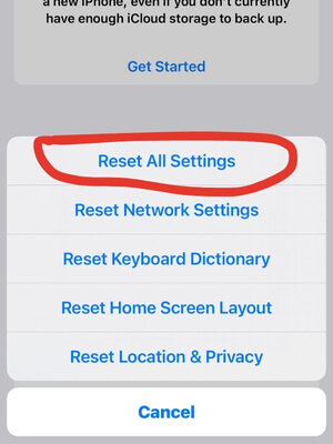 Click Reset All Settings then enter passcode to comfirm