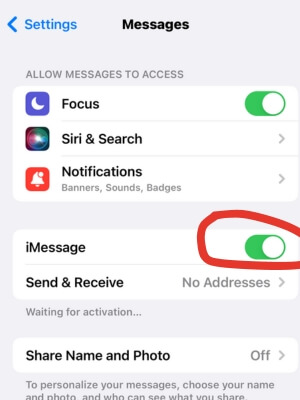 Tap switch next to iMessage to deactivate the service