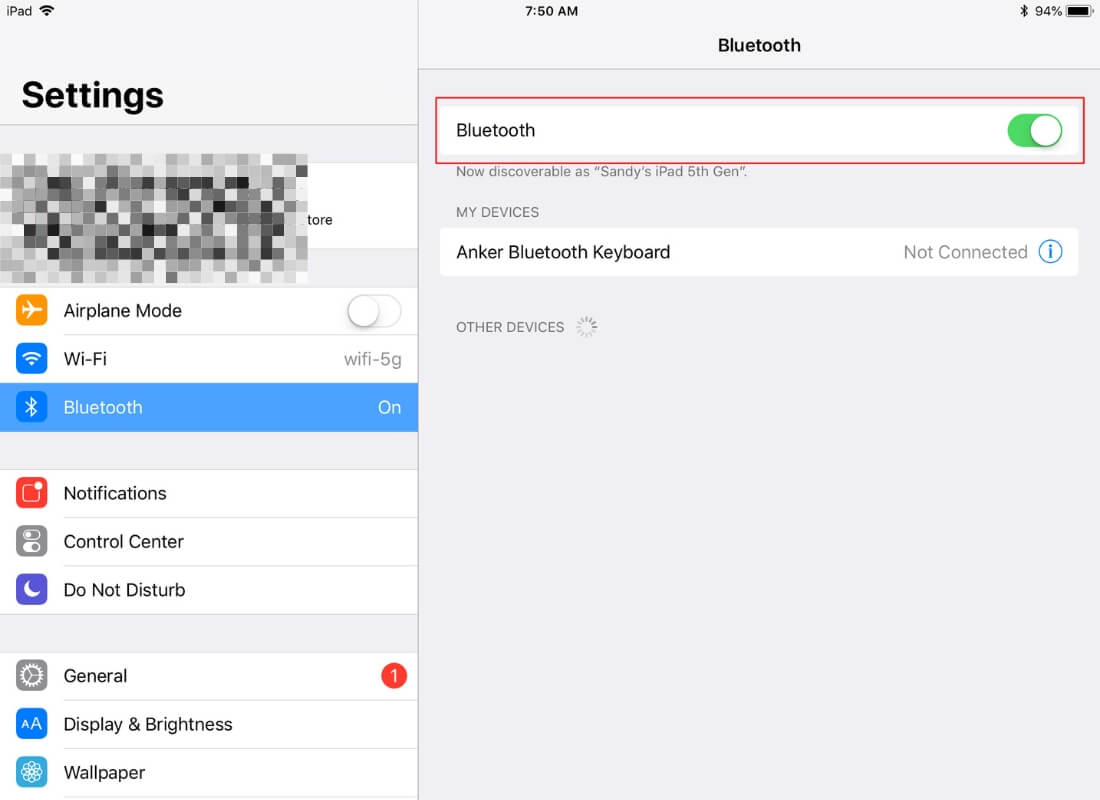 tap bluetooth and disable immediately enable bluetooth button again on iPad