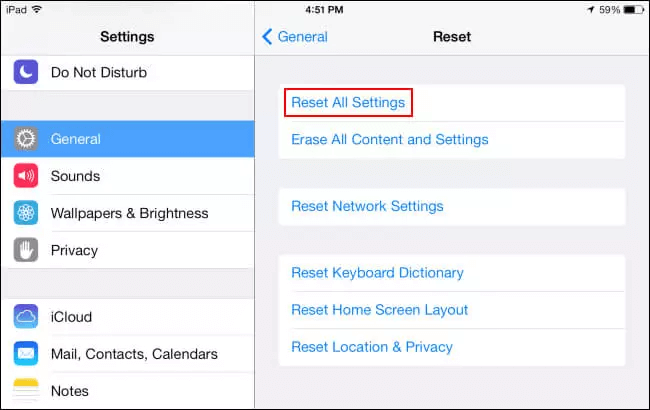 ipad reset all settings