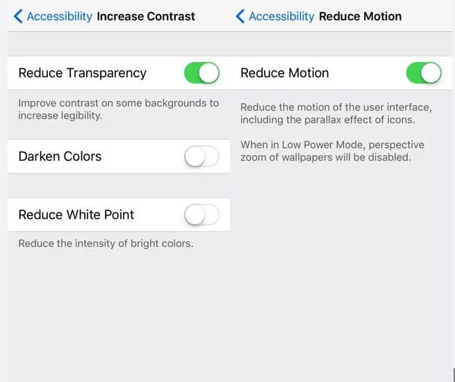steps to reduce iphone motion and transparency effects