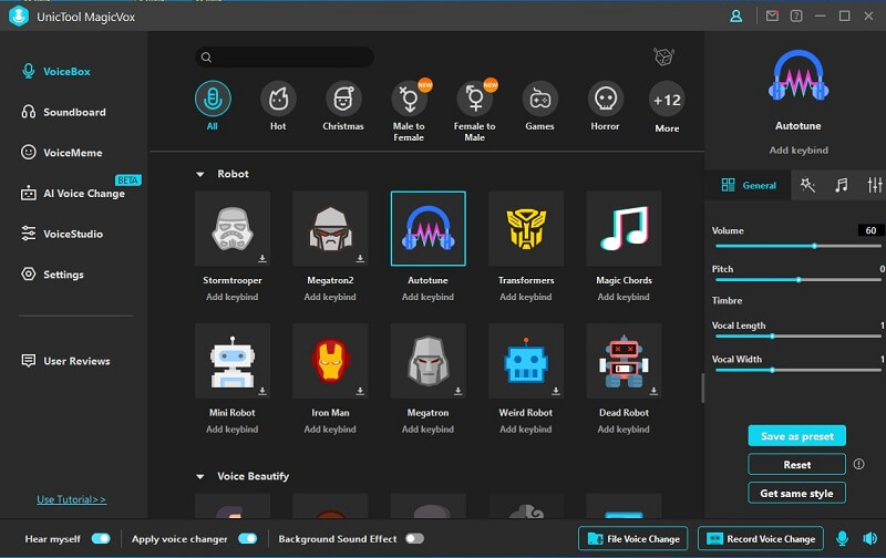 magicvox autotune voice changer interface