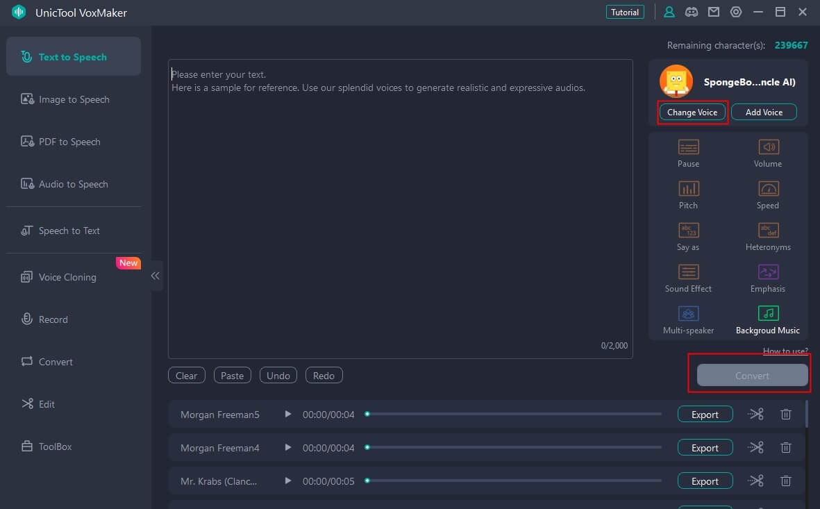 voxmaker generate AI spongebob voice step 2