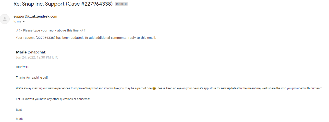 Snapchat team's reply