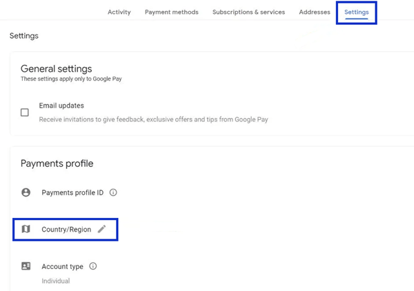 how to change country in gmail settings