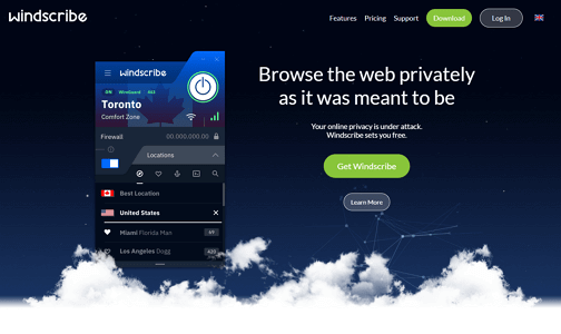Windscribe VPN homepage