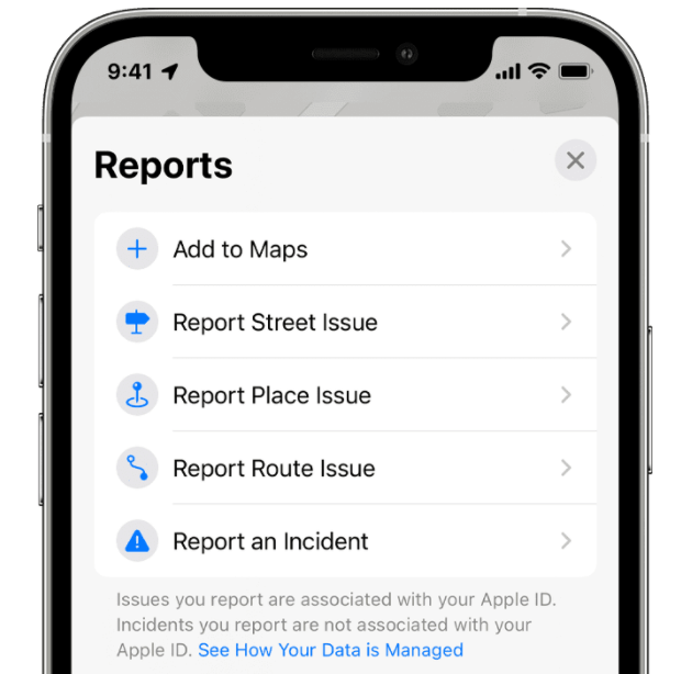 Report location issue to Apple in Maps