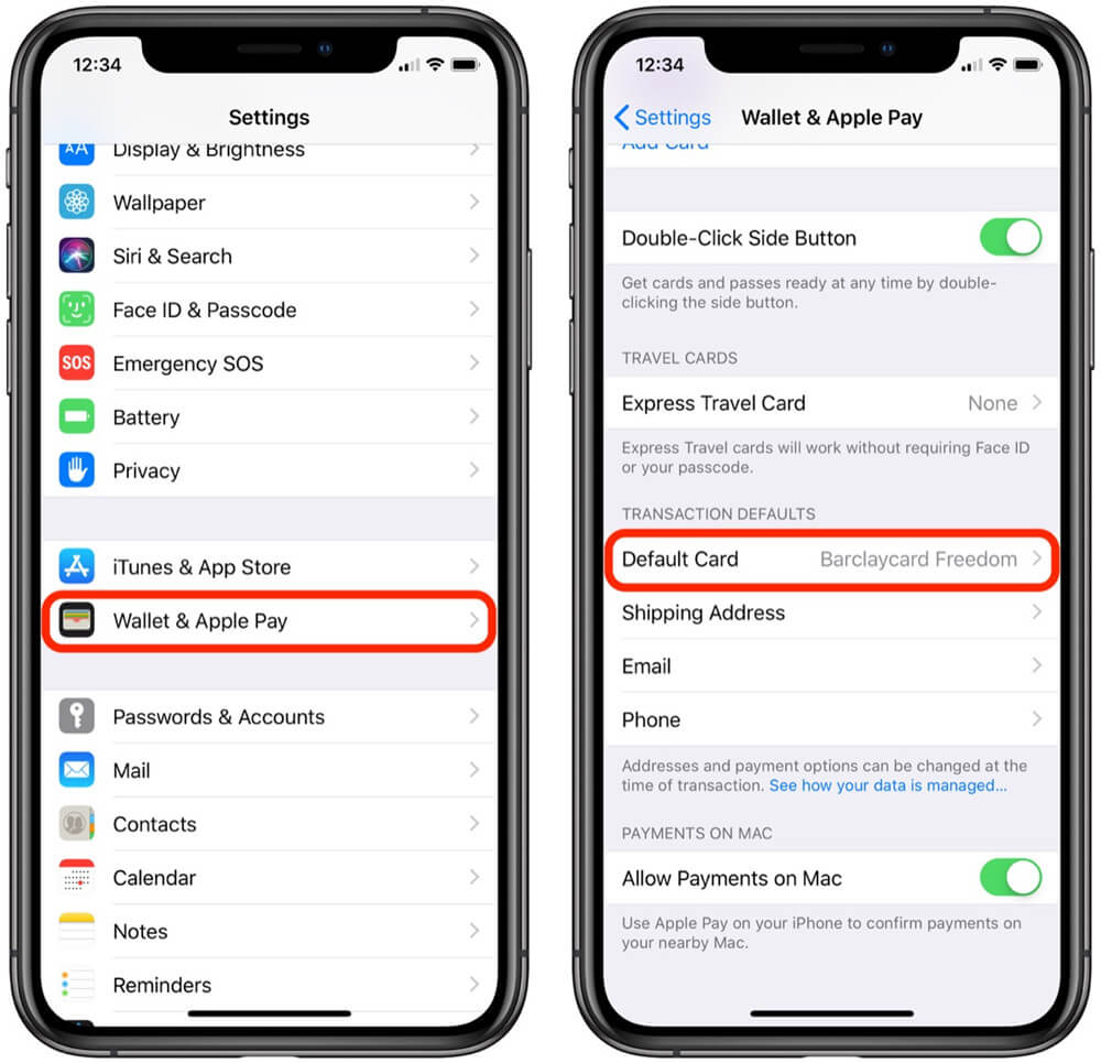 change the default card in Wallet & Apple Pay