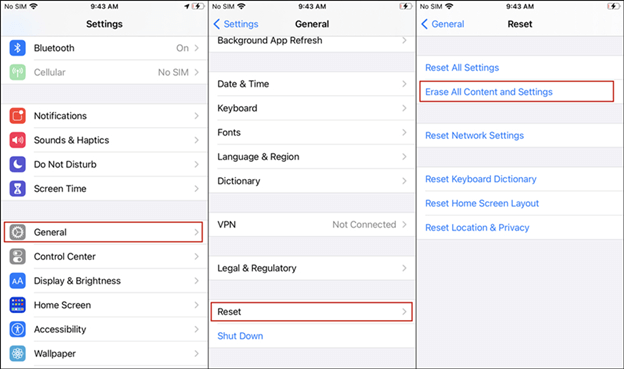 click on erase all content and setting