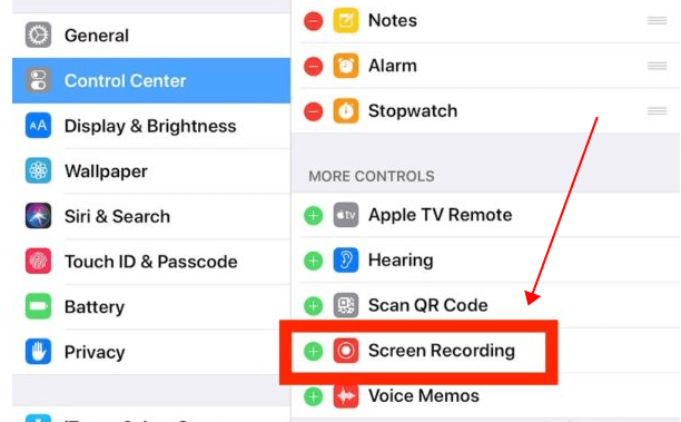 add Screen Recording to Control Center in Settings