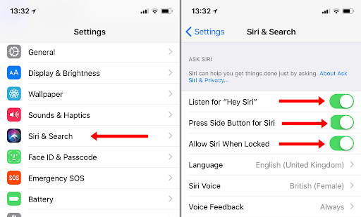 Toggle Siri settings