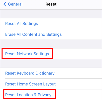 Reset network and location privacy