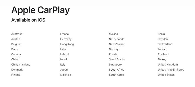 supported regions of carplay