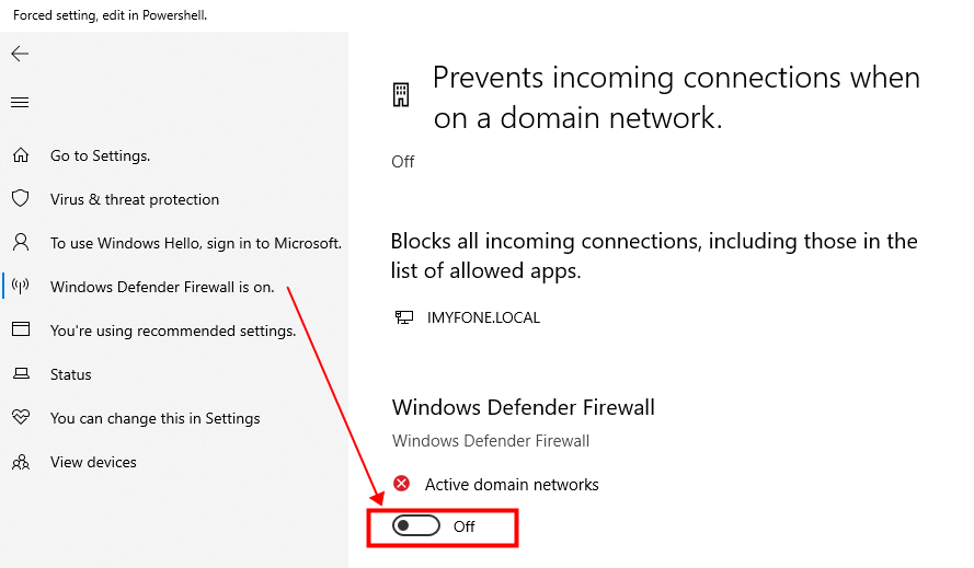 Turn off Windows Defender Firewall