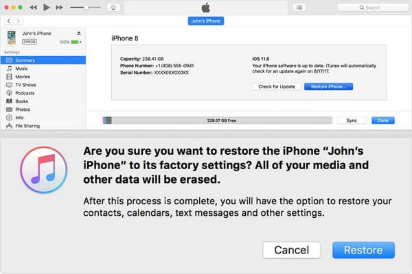 factory reset iPhone via iTunes