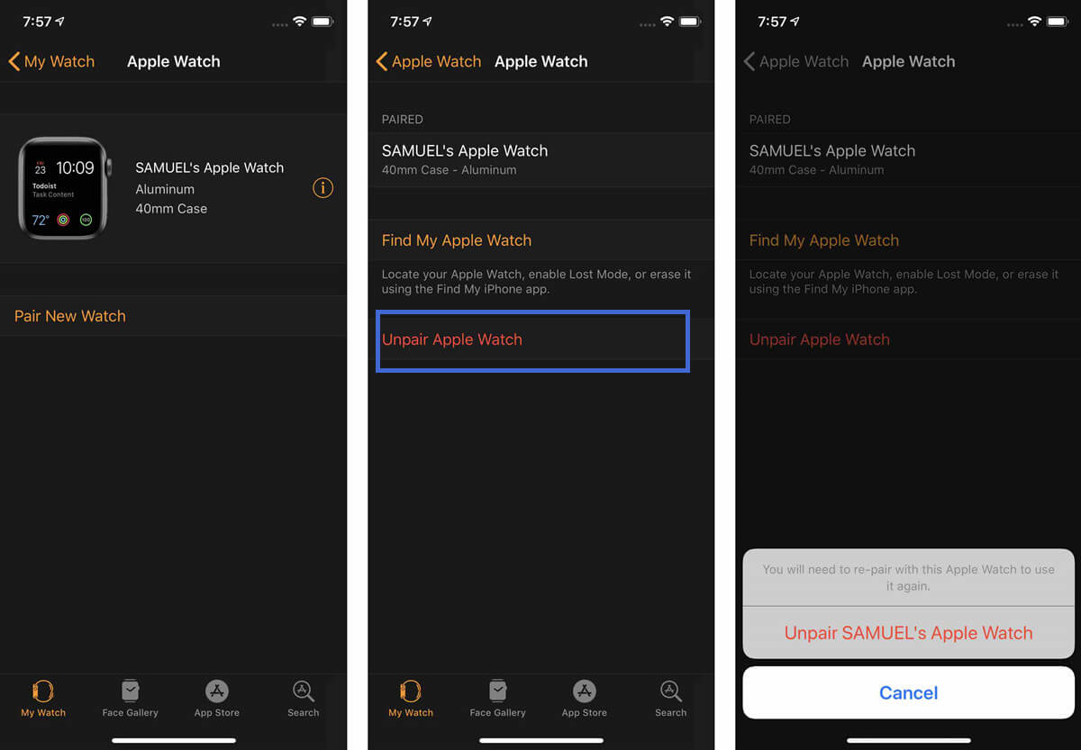 unpair Apple Watch from iPhone