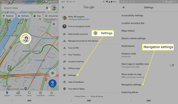 google maps navigation setting