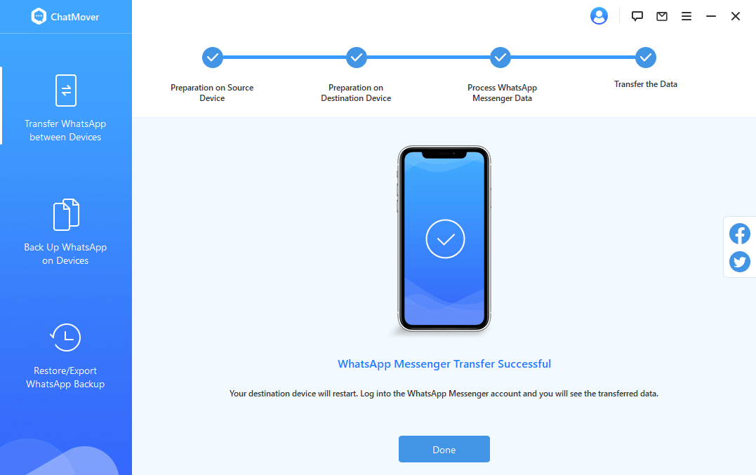 ChatMover finished transferring WhatsApp data
