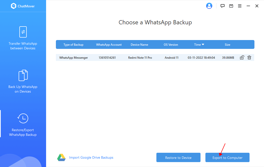 Export the selected backup