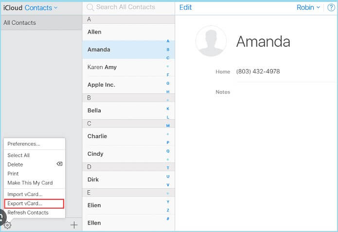 iCloud Export Contact vCard