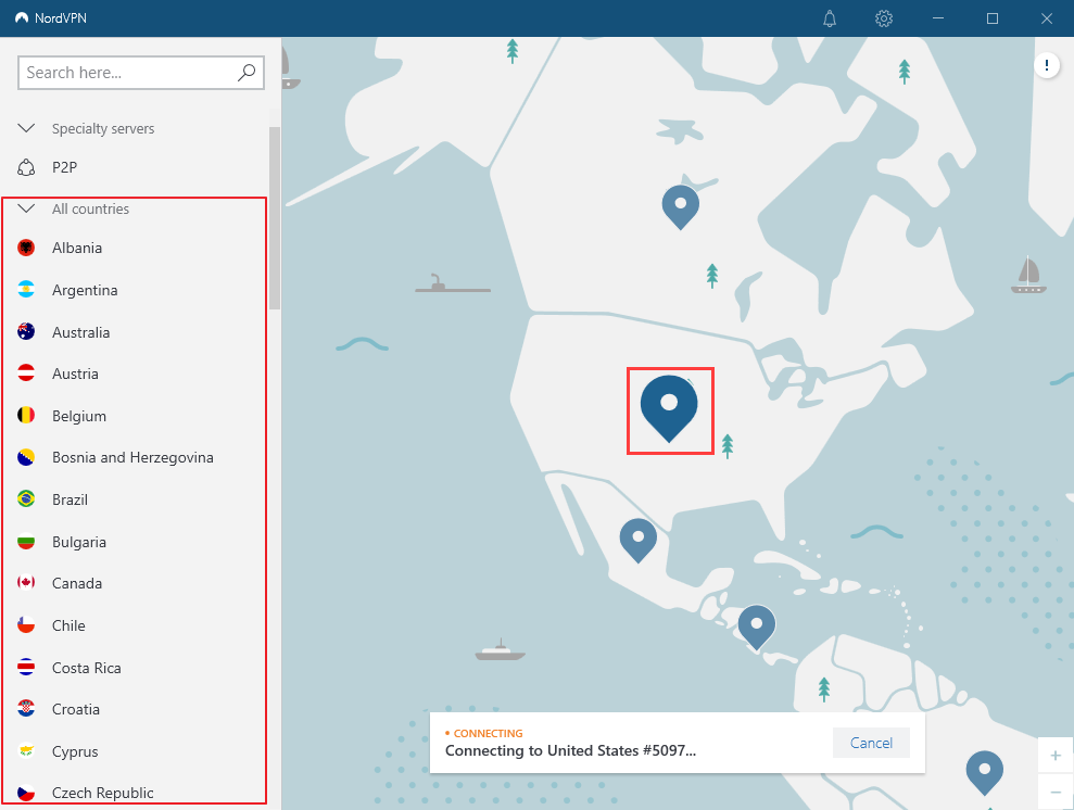 select country nordvpn pc