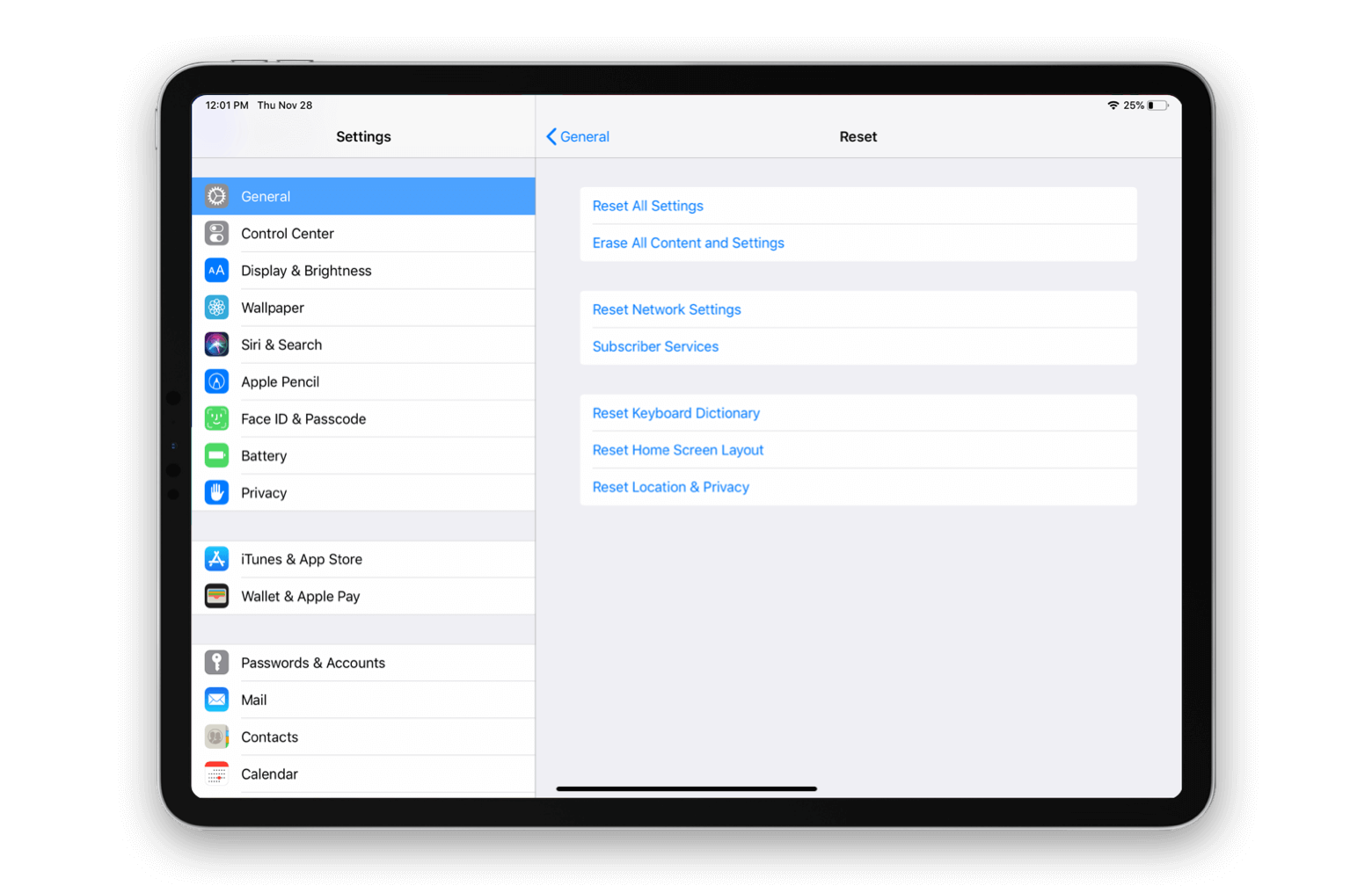 ipad reset all settings