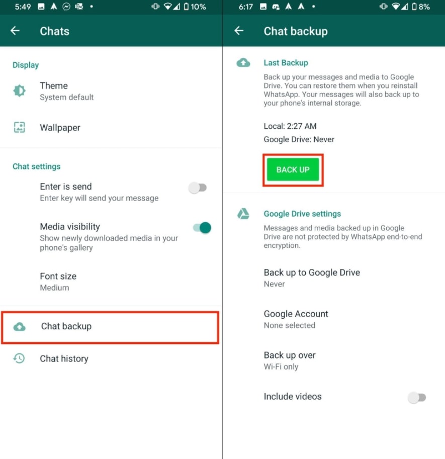 backup whatsapp chats android