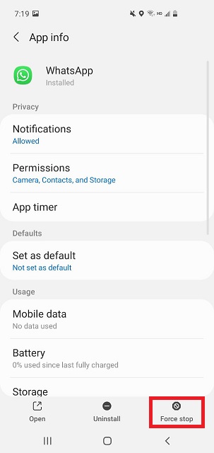 force stop whatsapp android